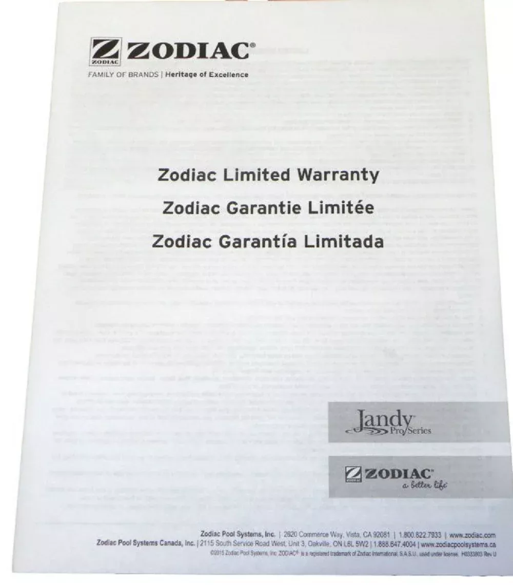 Jandy Pro Series Zodiac Limited Warranty Guide