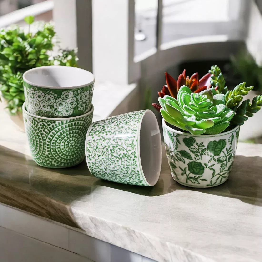 Mini Green Porcelain Cachepots Set Of 6 Hand-Painted Decorative Planters
