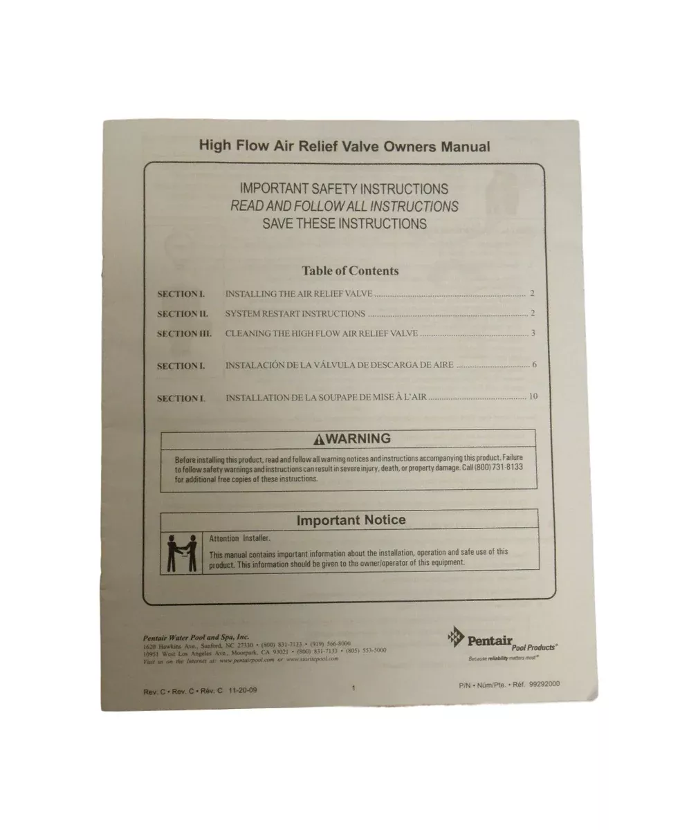 Pentair High Flow Relief Valve Owners Operation Manual